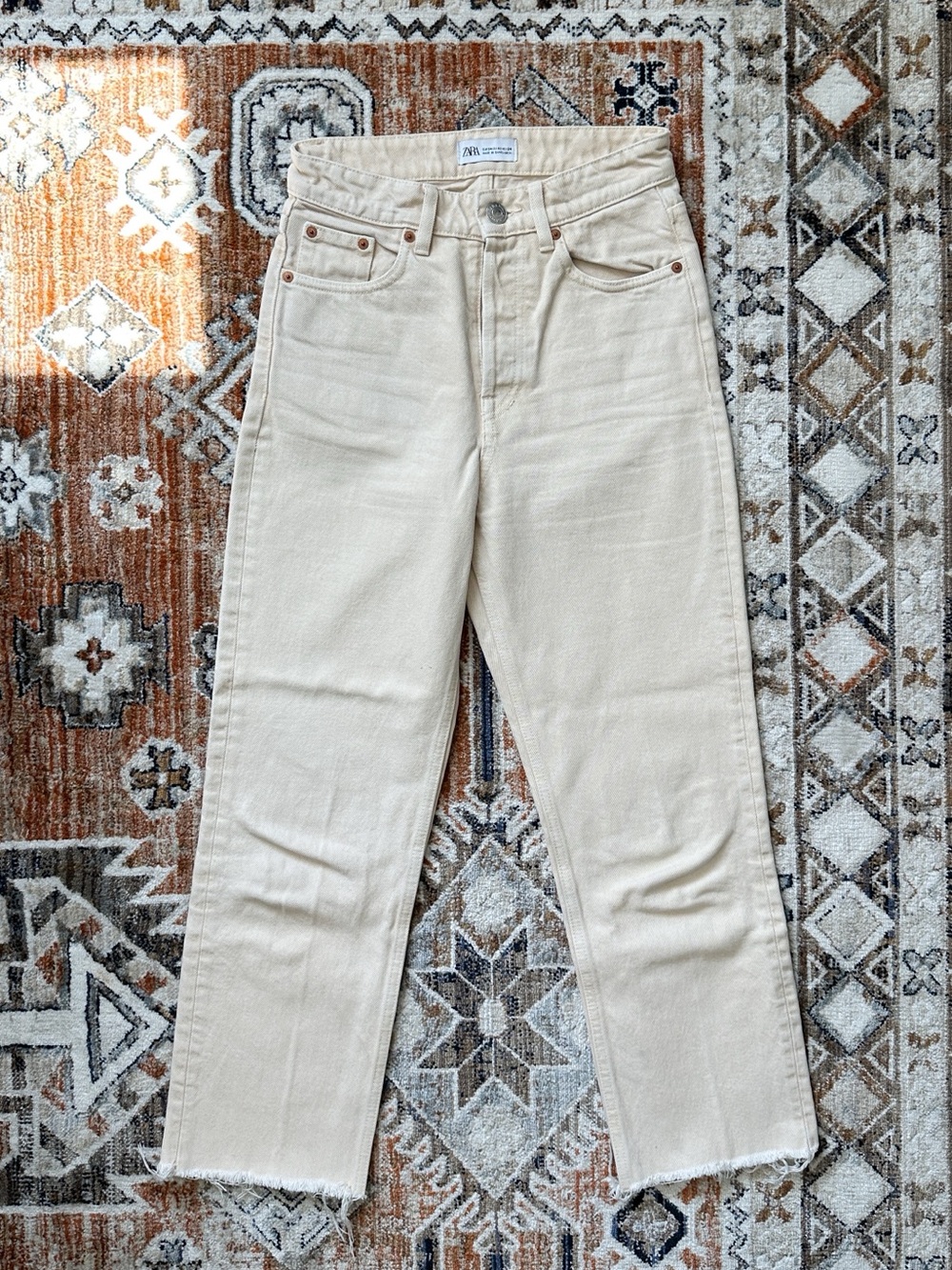 Zara Wide Leg Jean, Cream with Frayed Hem